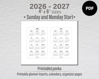 4 x 6 дюймов 2026 2027 Годовой календарь для печати в формате PDF | Начало в воскресенье и понедельник