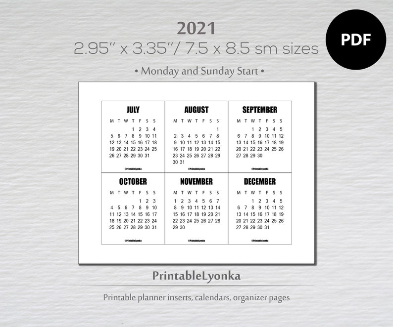 2021 Mini calendar tab/Size 2.95 x 3.35 inch/Printable PDF ...