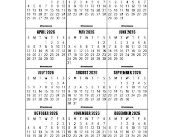 2026 and 2027 calendar printable | Mini monthly calendar tab | Size 2 x 2 inches | PDF.