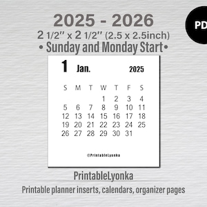 2 1/2 X 2 1/2 дюйма маленькие ежемесячные календари 2025 2026 годов для печати | Мини ежемесячные календари 2,5 x 2,5&quot; цифровой PDF