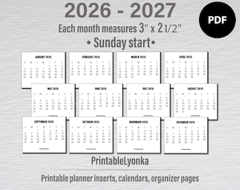 2026 2027 3 x 2 1/2 Маленький календарь  | Мини-календарь 2026-2027 для печати | Мини-календари 3 x 2,5 цифровые | Минималистичный календарь