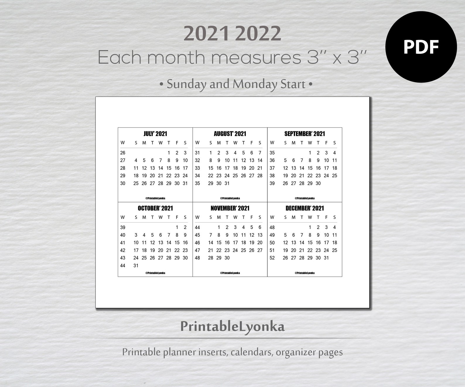 printable 2021 2022 mini calendar 3x3 inchmonthly