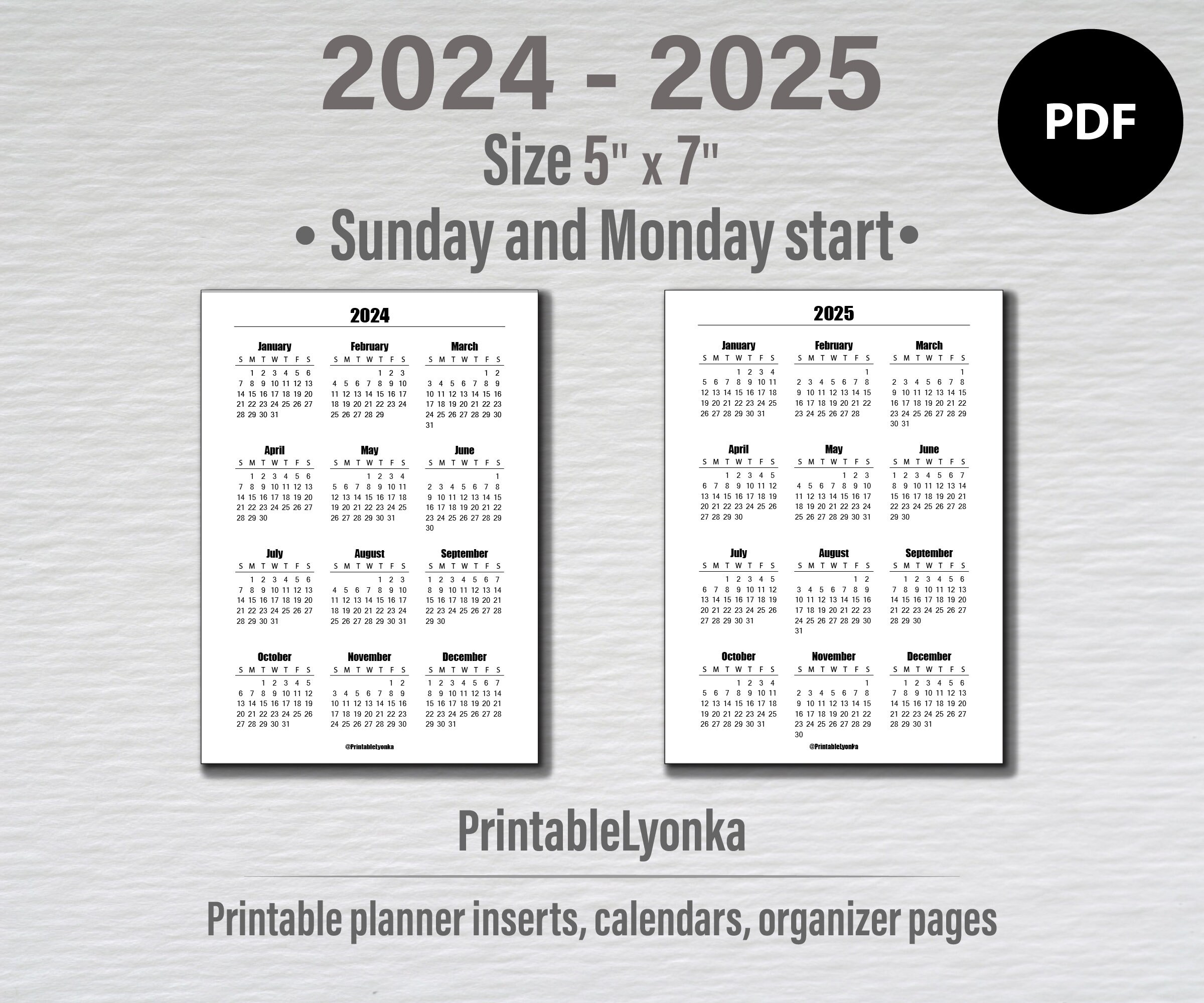 5x7 Inches Printable Calendar 20242025 Minimalist Calendar 2024 2025 Etsy