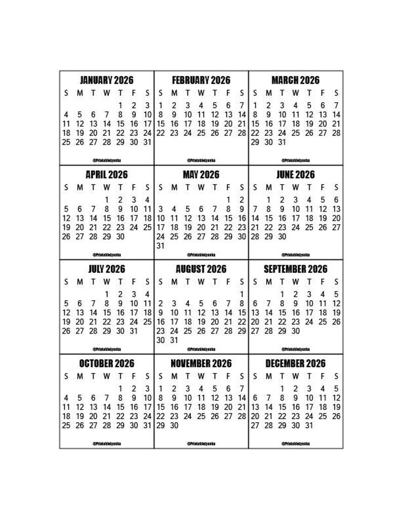 2025 and 2026 Calendar Printable 2025 2026 Mini Monthly Calendar Tab