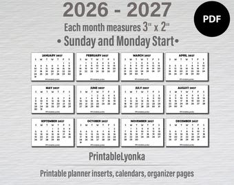 3 x 2 inch mini Calendars 2026 - 2027 | Small printable calendar PDF