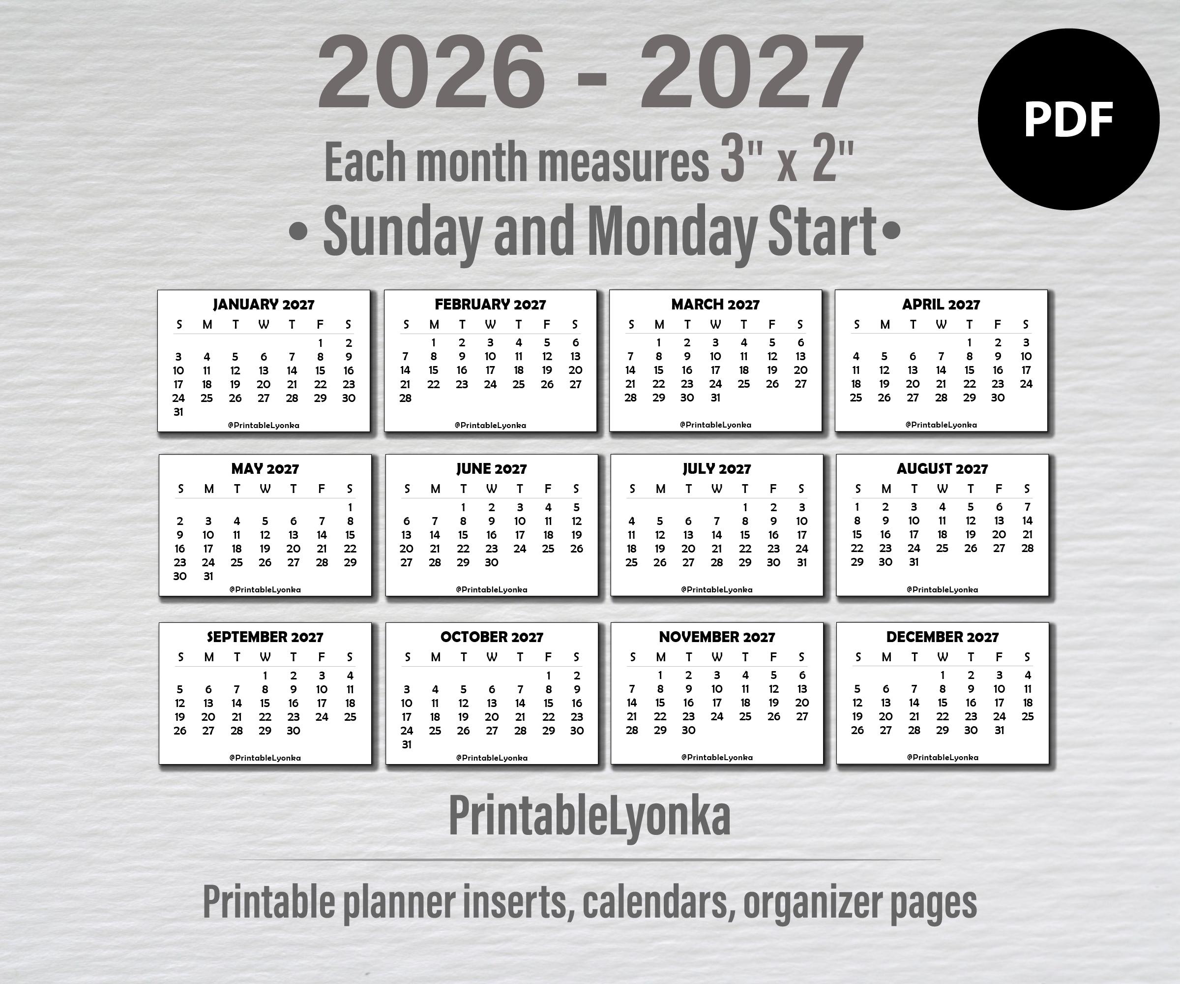 3 X 2 Inch Mini Calendars 2026 - 2027 | Small Printable Calendar