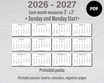 3 x 2 inch mini Calendars 2026 - 2027 | calendar tabs | Small printable calendar | PDF