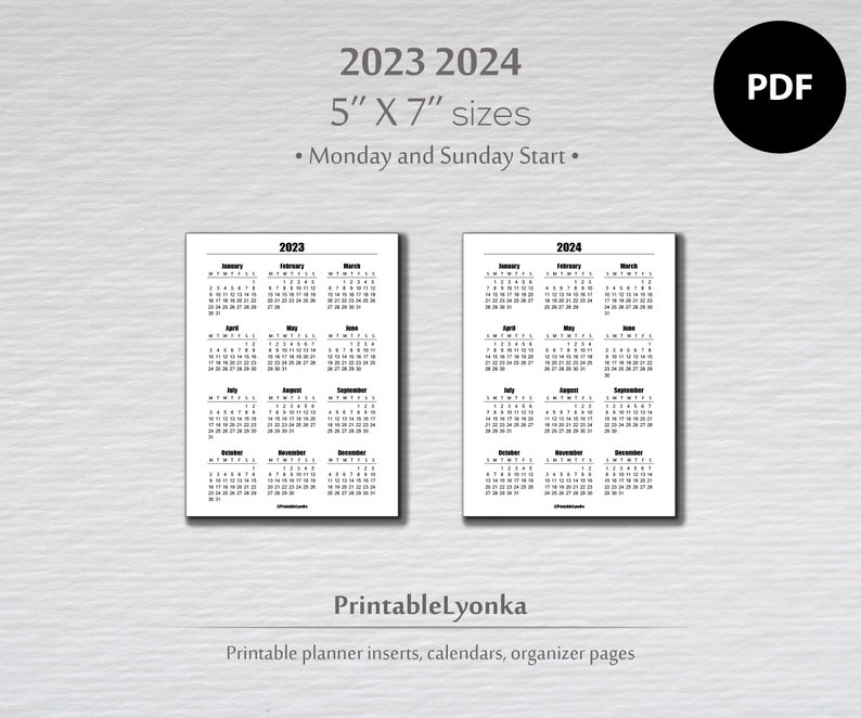 5x7 Inches Printable Calendar 20232024 Minimalist Calendar Etsy