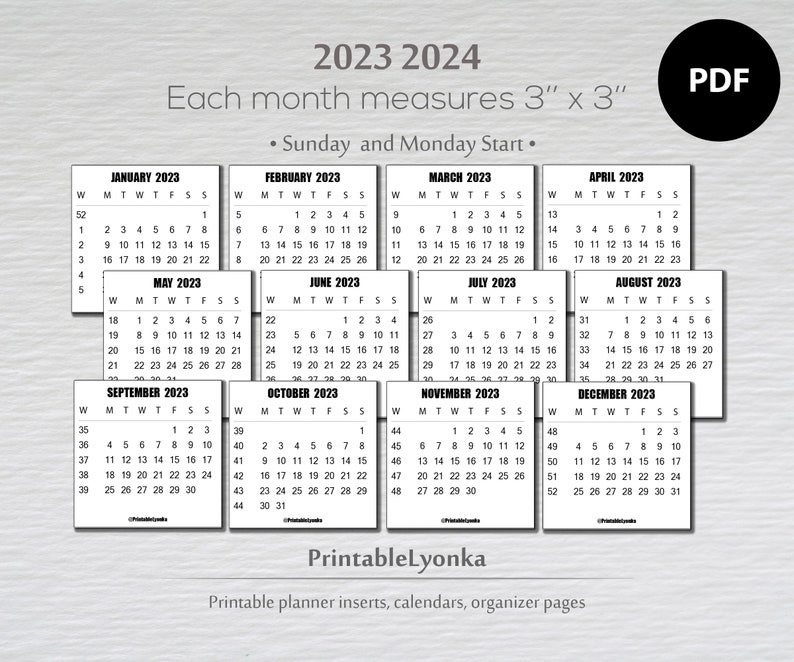 Printable 2023 2024 Mini Calendar 3X3 Inch Monthly Calendar With Weeks