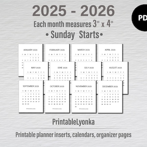 3 x 4 mini Calendars 2025 2026 printable PDF