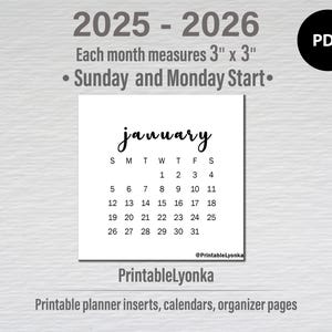 Настольный мини-календарь 3 x 3 дюйма на 2025 и 2026 год | Небольшой ежемесячный календарь в формате PDF для печати