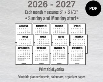 2026–2027 Вкладка «Мини-календарь» | Размер 3 х 3 1/2 дюйма | Календарь на 2026 и 2027 годы в формате PDF для печати.