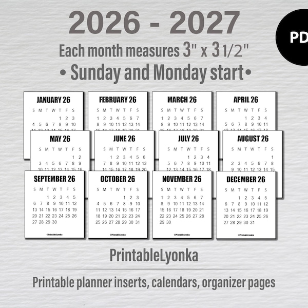 2026–2027 Вкладка «Мини-календарь» | Размер 3 х 3 1/2 дюйма | Календарь на 2026 и 2027 годы в формате PDF для печати.