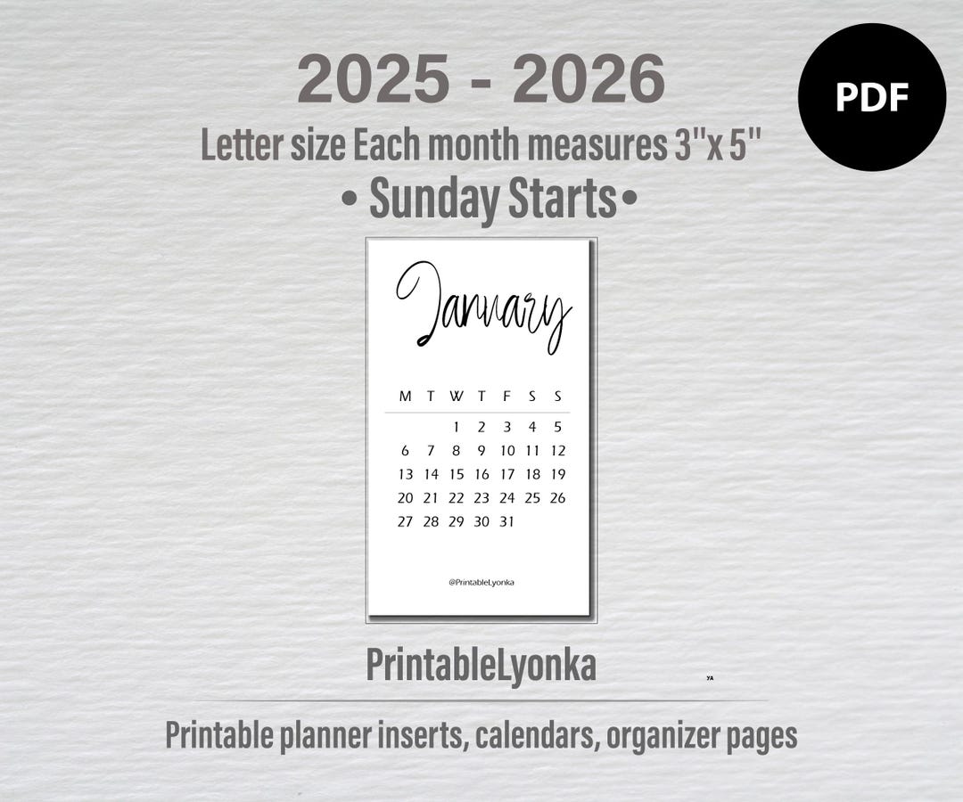 2025 2026 Mini Calendar Card/ Size 3" X 5'' / Printable Small Monthly