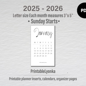 2025 2026 Mini calendar card/ Size 3&quot; x 5&#39;&#39; / Printable Small Monthly Calendar 2025-2026