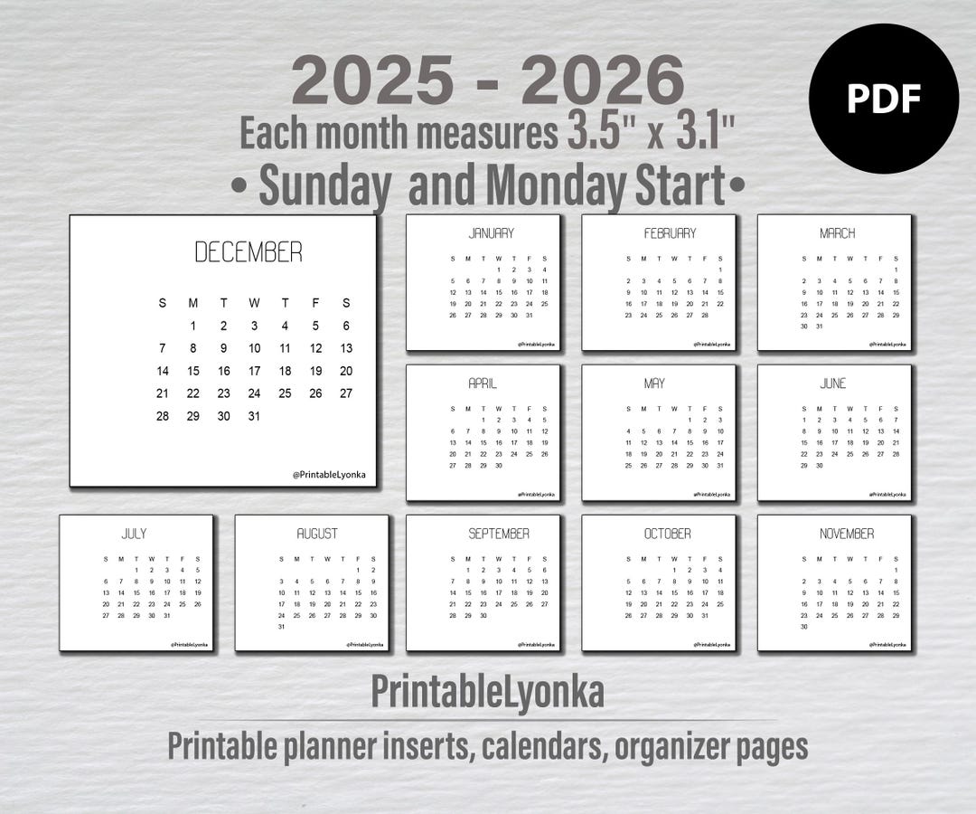 Small Monthly Calendar Cards 2025 2026 Mini Calendar Printable PDF Mini