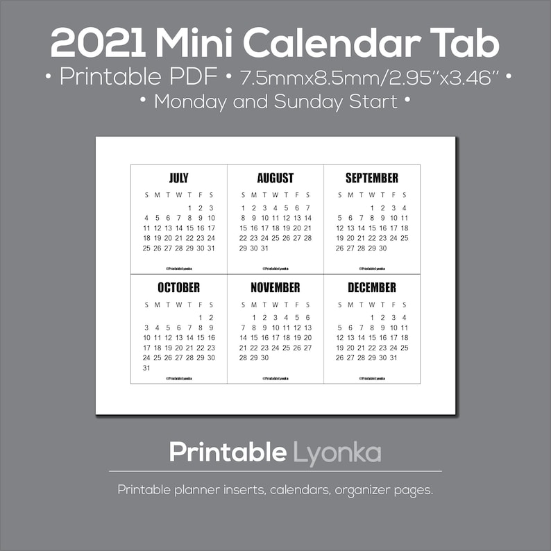 2021 Mini calendar tab/Size 2.95 x 3.46inch/Printable PDF. Etsy