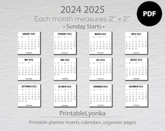 2024 and 2025 calendar printable | 2024 2025 Mini monthly calendar tab | Size 2 x 2 inches | Calendar Printable PDF.