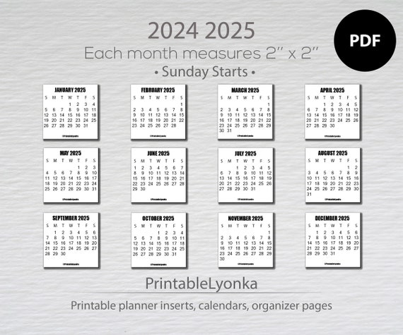 2024 and 2025 Calendar Printable 2024 2025 Mini Monthly Calendar Tab Size 2 X 2 Inches Calendar Printable PDF. - Etsy