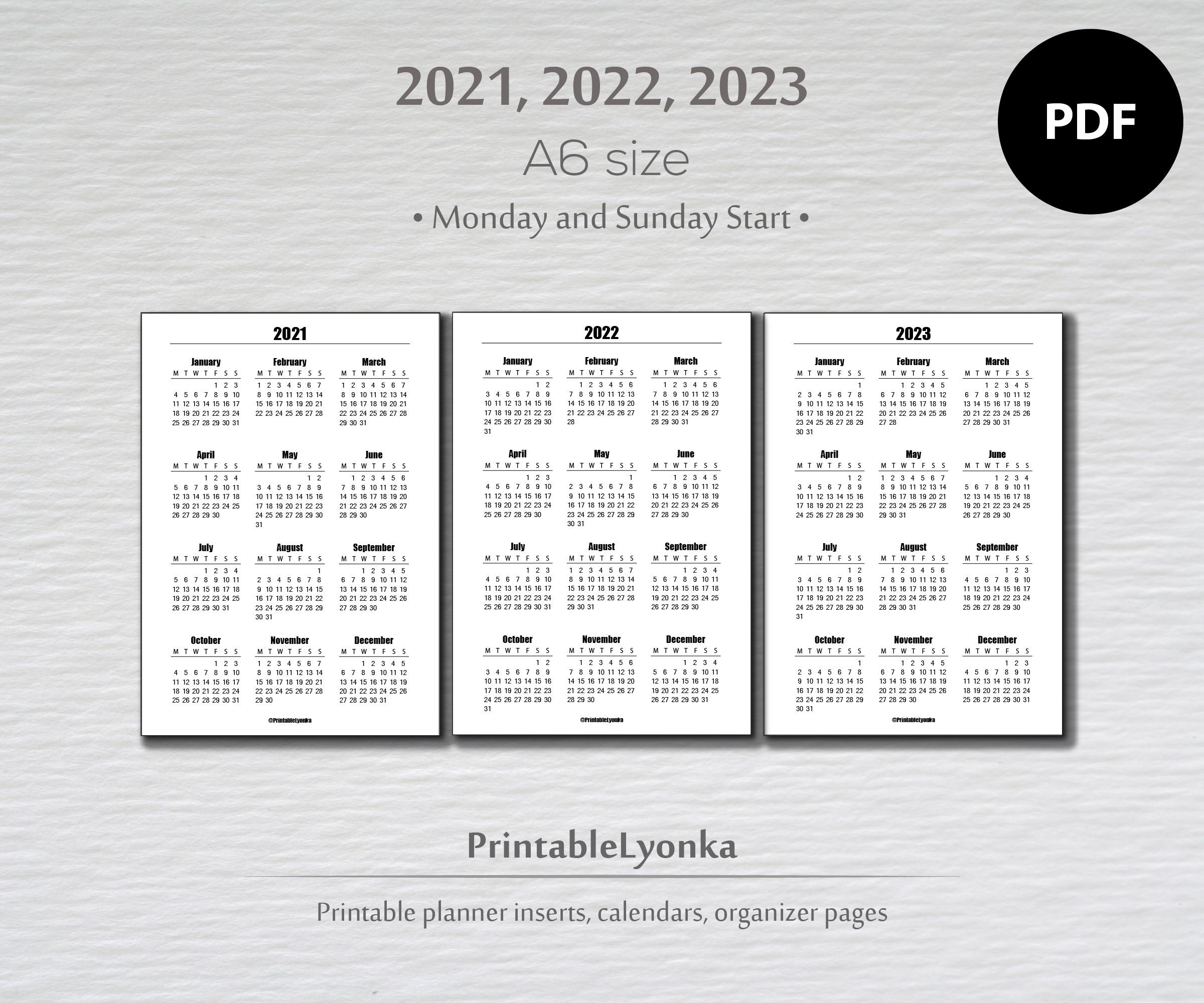 A6 Size 2021 2022 2023 Yearly Calendar printable/ Pdf/ Sunday | Etsy