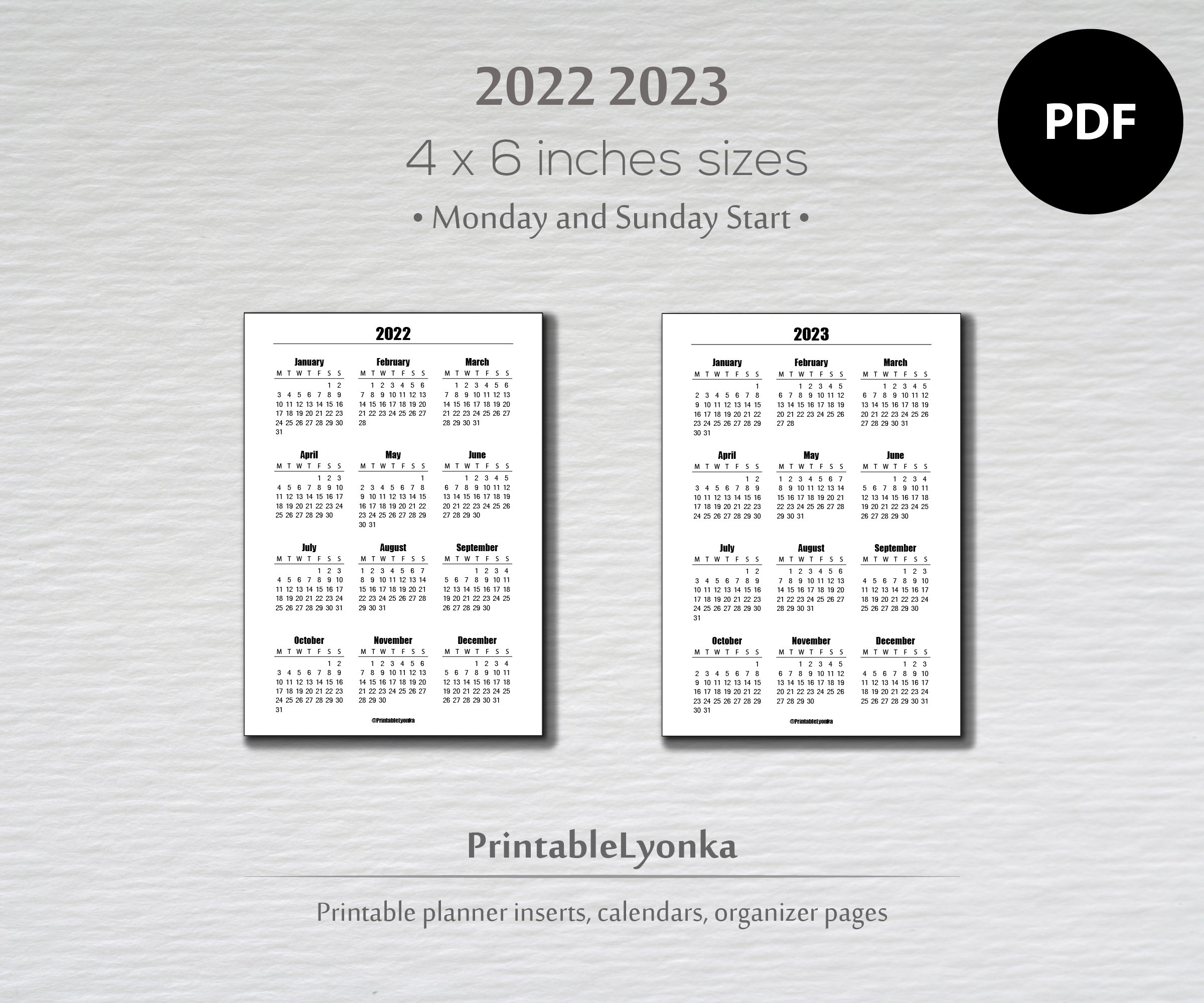 4 x 6 inch 2022 2023 yearly calendar printable pdf sunday etsy hong kong