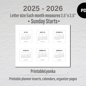 Mini printable monthly calendar  2025 2026 | 2 1/2 x 2 1/2  Calendar | Small monthly calendar 2025 2026 | Small Desk Calendar 2025 - 2026