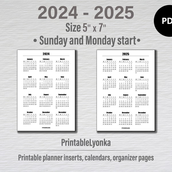 5x7 inches Printable Calendar 2024-2025 | Minimalist calendar 2024 2025