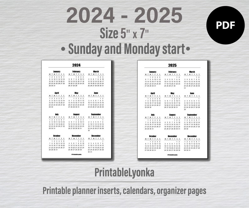 5x7 Inches Printable Calendar 20242025 Minimalist Calendar 2024 2025