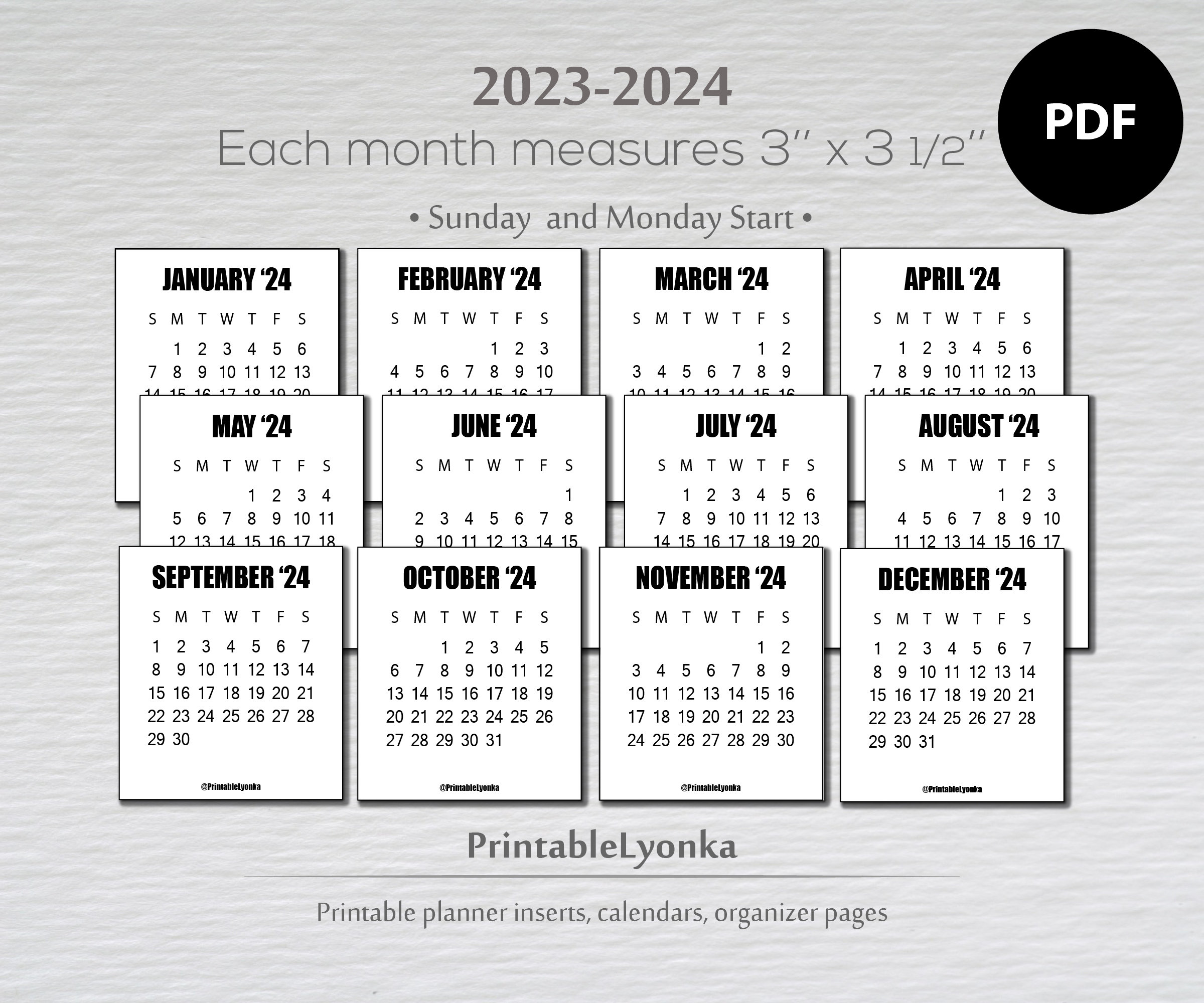 2023 2024 Mini Calendar Tab Size 3 X 3 1/2inch Calendar Etsy Canada