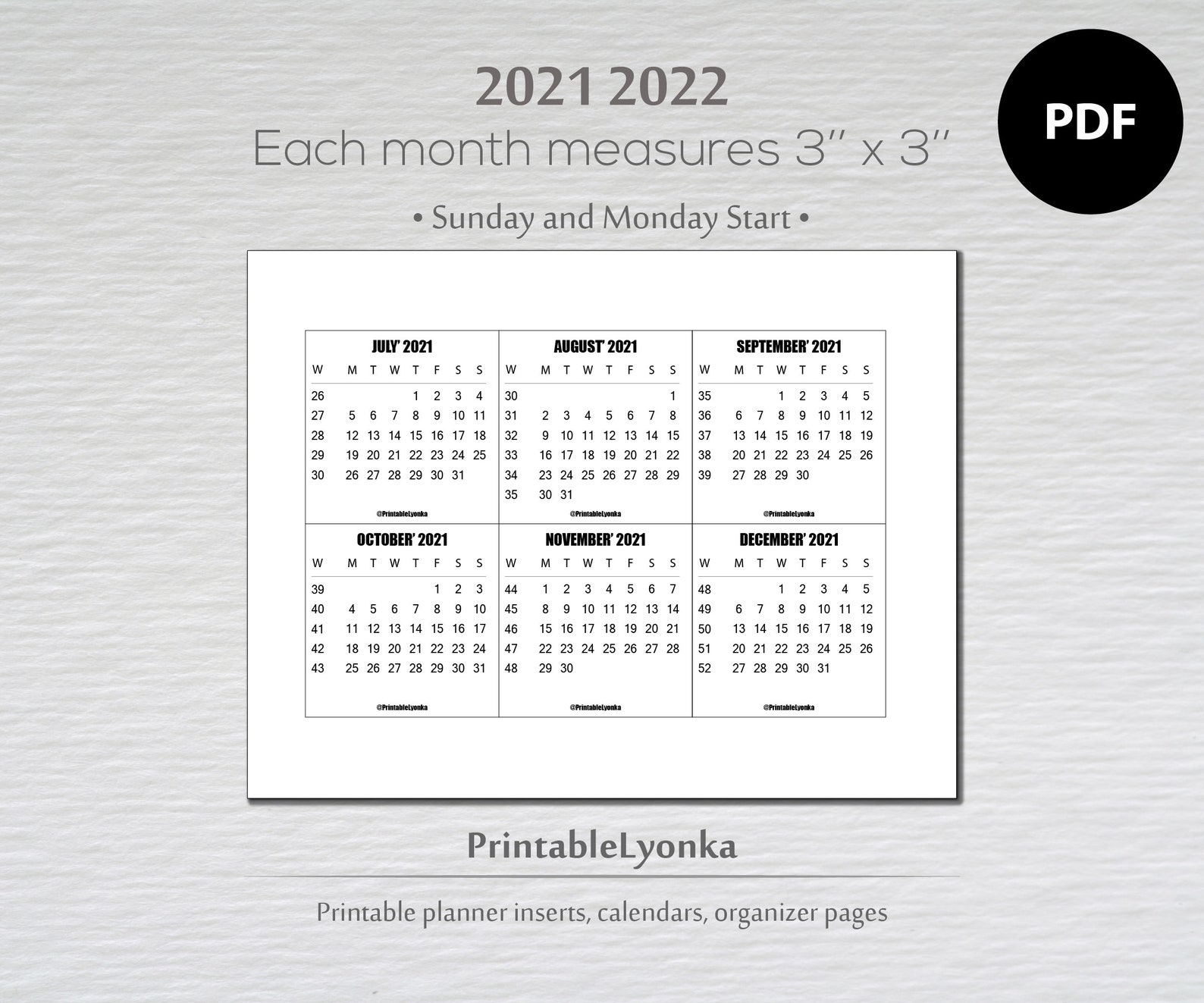 printable 2021 2022 mini calendar 3x3 inchmonthly