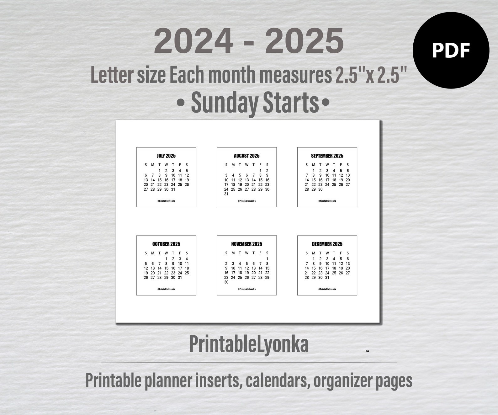 Mini Printable Monthly Calendar 2024 2025 2 1/2 X 2 1/2 Calendar Small
