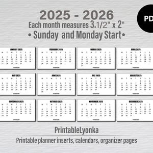 Мини-ежемесячные календари 3 1/2 x 2 дюйма на 2025–2026 годы | Небольшой календарь для печати PDF | Вкладка «Календарь» на 2025 и 2026 годы.