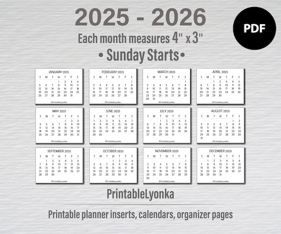 4 X 3 Inches Mini Calendars Printable PDF/ Small Calendar