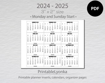 3 x 5 cm Mini-Kalender 2024 2025 | Kleiner druckbarer Kalender PDF | Mini-Monatskalender-Tabs