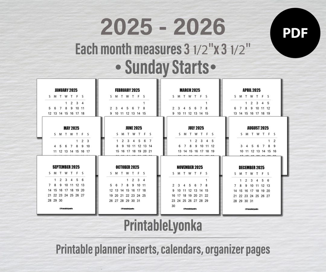 2025 and 2026 Mini Calendar Tab Size 3 1/2 X 3 1/2 Inch Printable