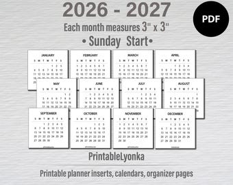 Мини-календарь на месяц 2026-2027, распечатанный | 3 x 3 дюйма, распечатанный в формате PDF | Календарь-наклейка PDF 2026-2027