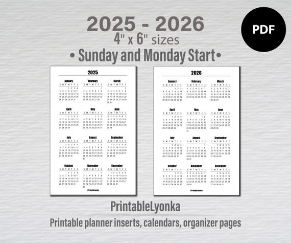4 X 6 дюймов 2025 2026 Годовой календарь для печати в