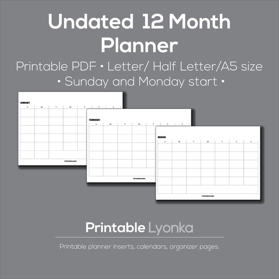 Undated 12 Month Planner Printable PDF/ Letter/Half Letter/A5 | Etsy