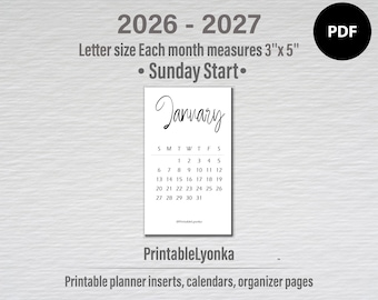 2026 2027 Mini calendar card/ Size 3" x 5'' / Printable Small Monthly Calendar 2026-2027