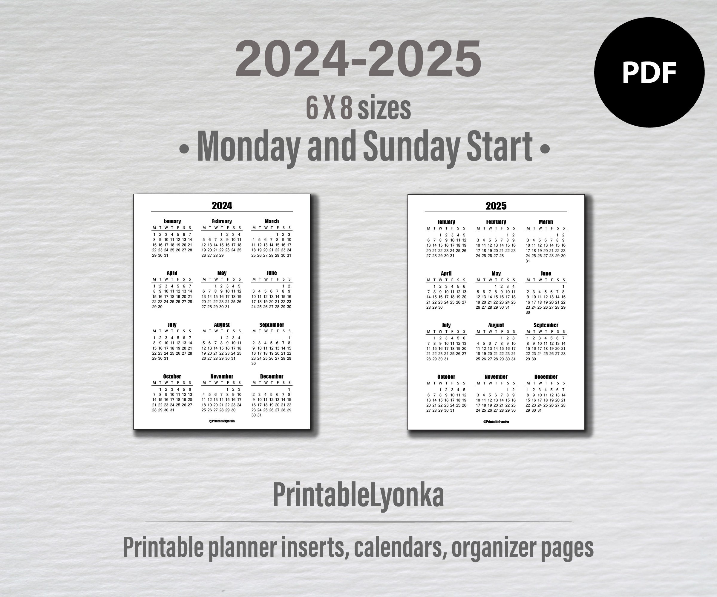 Printable Minimalist Yearly Calendar 20242025 PDF Desk Calendar Sunday
