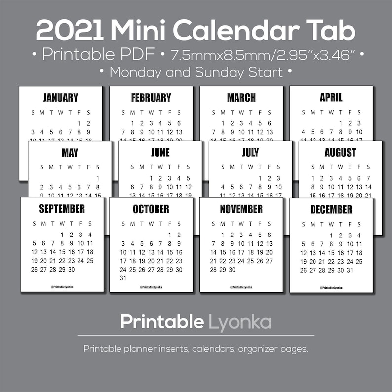 2021 Mini calendar tab/Size 2.95 x 3.46inch/Printable PDF. | Etsy