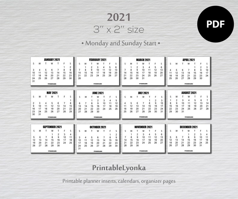 2021 mini calendar printable