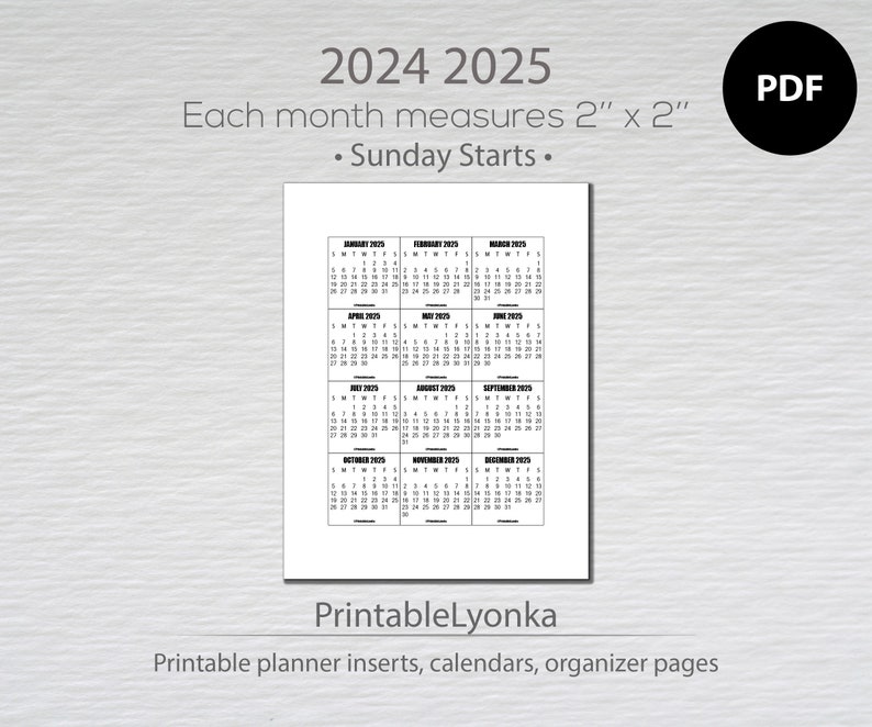 2025 and 2025 Calendar Printable 2025 2025 Mini Monthly Calendar Tab