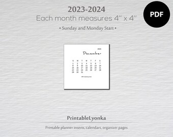 2023 2024 digital calendar 4 x 4 | Mini calendar for planner | Printable calendar PDF