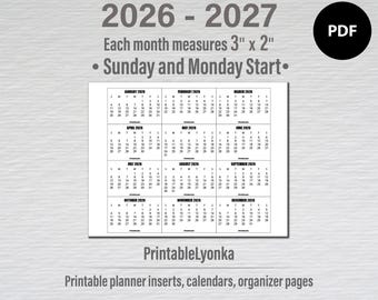Мини-календари 3 x 2 дюйма 2026 2027| Маленький печатный календарь PDF | Мини-ежемесячные вкладки календаря