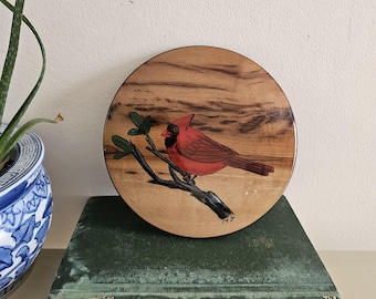 Vintage Hand Painted Red Cardinal Round Wall Plaque | Oregon Myrtlewood