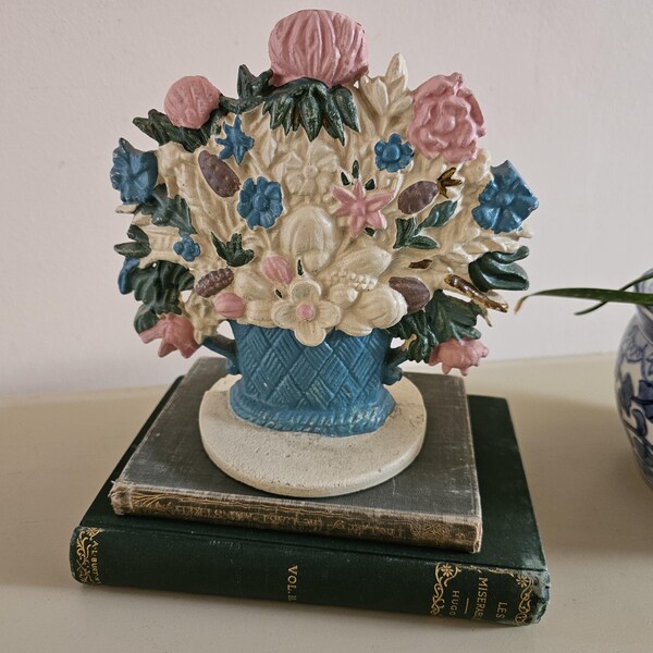 Vintage 1990s Flower Basket Cast Iron Door Stop | Spring Decor