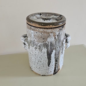 May include: A white ceramic jar with brown and black speckled glaze. The jar has two handles on the sides and a lid with a knob on top.