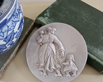 Vintage Round Terracotta Wall Plaque Mother & Children | Folk Art