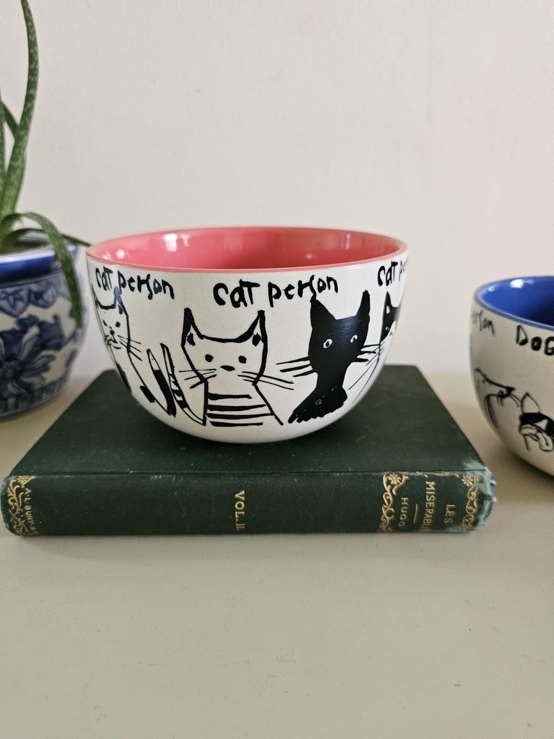 Puede incluir: Cuenco de cer&aacute;mica blanco con interior rosa, con ilustraciones de gatos negros y el texto "cat person". El cuenco est&aacute; sobre un libro verde. Una maceta con estampado azul y blanco es visible en el fondo.